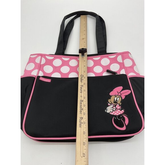 Disney Minnie Mouse Pink & Black Polka Dot Tote Bag Zipper Closure Side Pockets - Picture 2 of 7